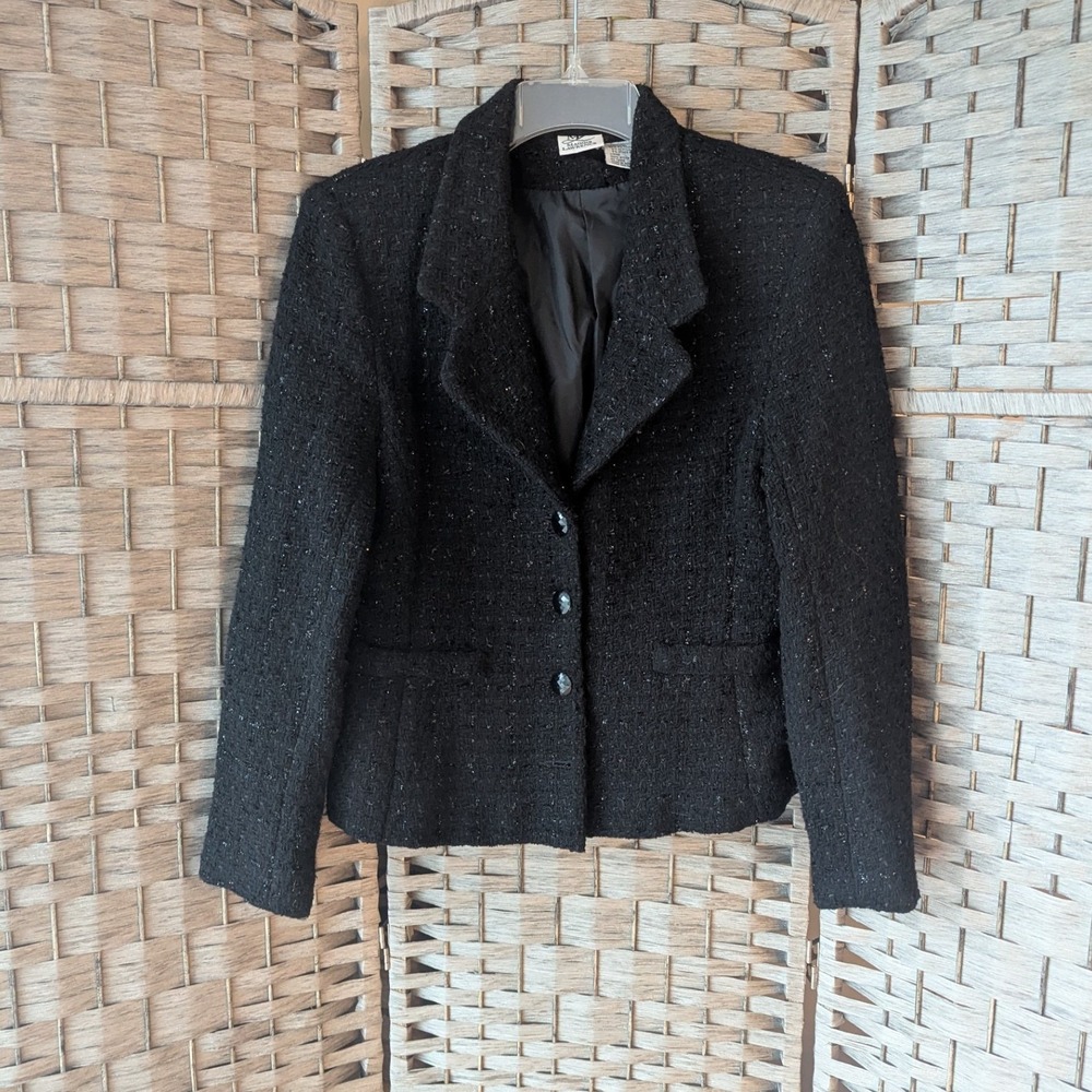 Vtg Maggie Lawrence Blazer Black Bouclé Metallic Wool Blend Sz M Shimmery Chic